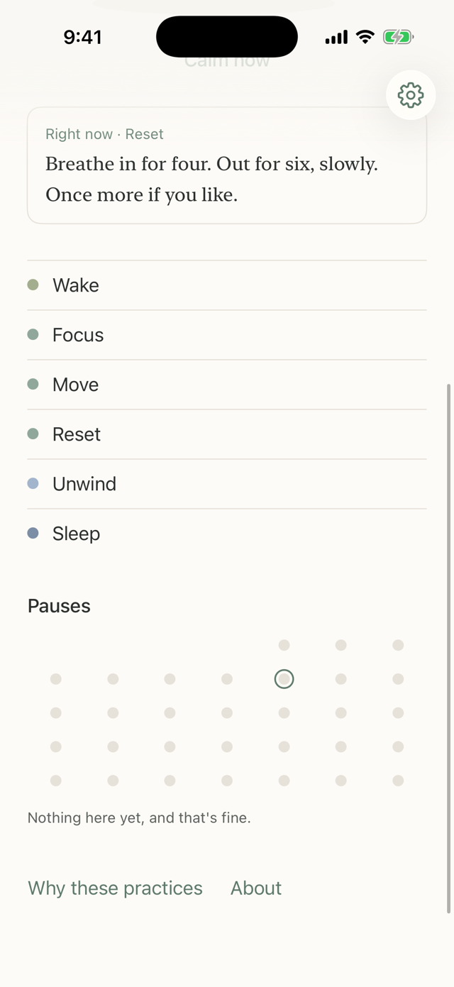 The six moments and the Pauses calendar in Humble Habits, which reads “Nothing here yet, and that’s fine.”