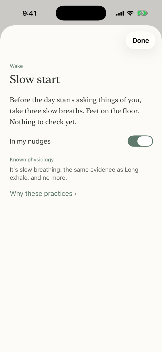 A practice card in Humble Habits, showing what to do and how much evidence is behind it